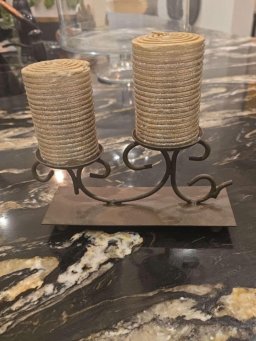 Rustic Double Candle Holder with Gold colored shiny Pillar Candles